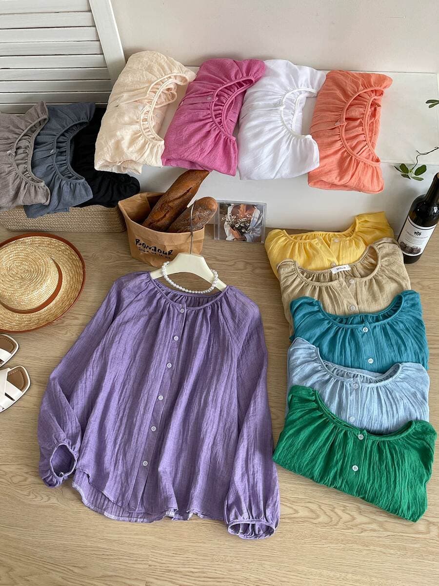 Summer Balloon Sleeves Vintage Vacation Style Cotton Linen Sunscreen Shirt Women's Clothing 4