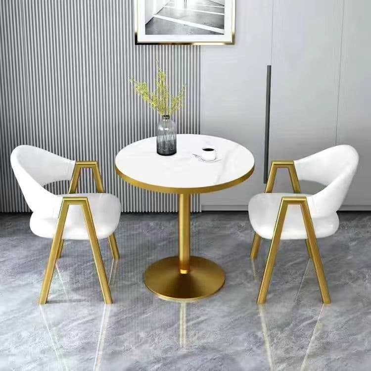 Imitation white marble table top + white leather chair