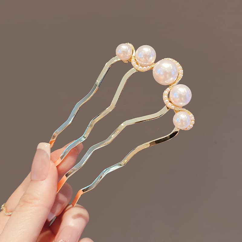 1#Wave rhinestone pearl hair comb (gold)