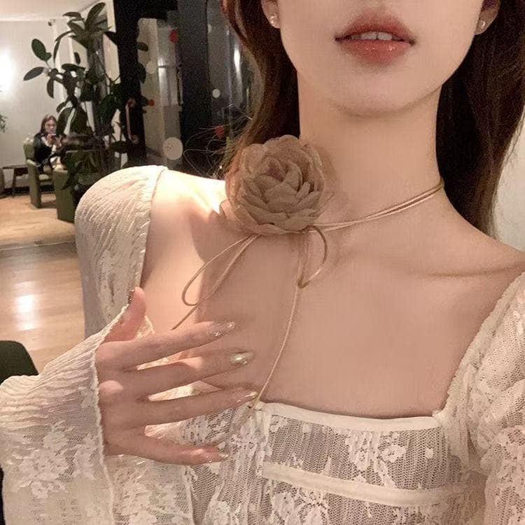 6032 rose strap necklace-brown