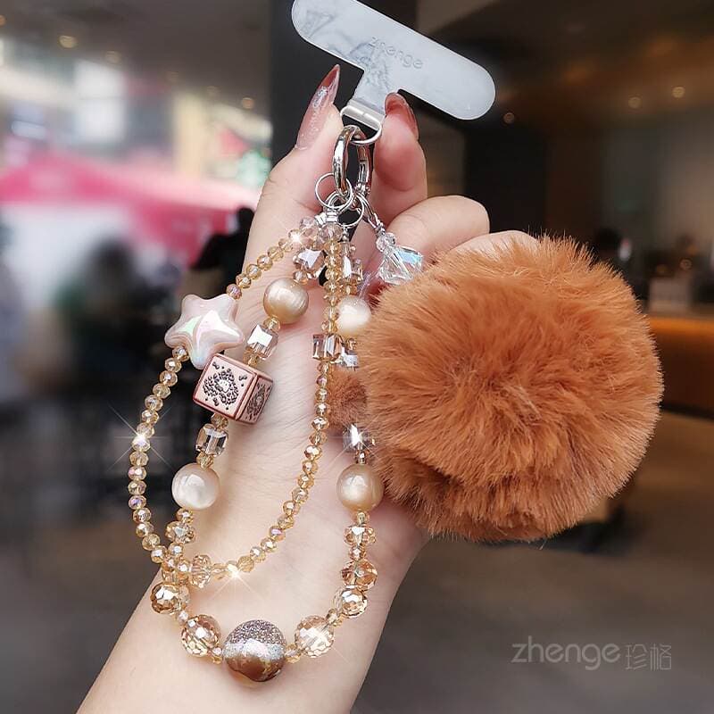 Mobile Phone Chain Hair Ball Pendant Women's Wrist Rope High-Value Crystal Beaded Chain Short Style Outdoor Travel Shopping 1