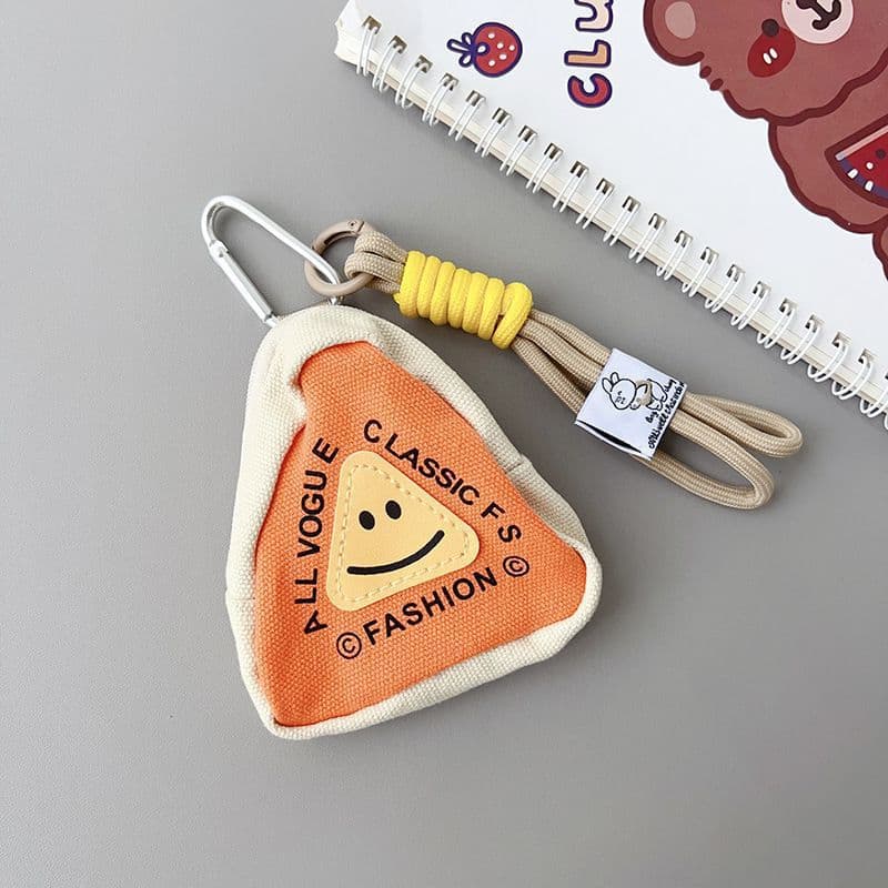 [triangle orange smiley face] + yellow label lanyard