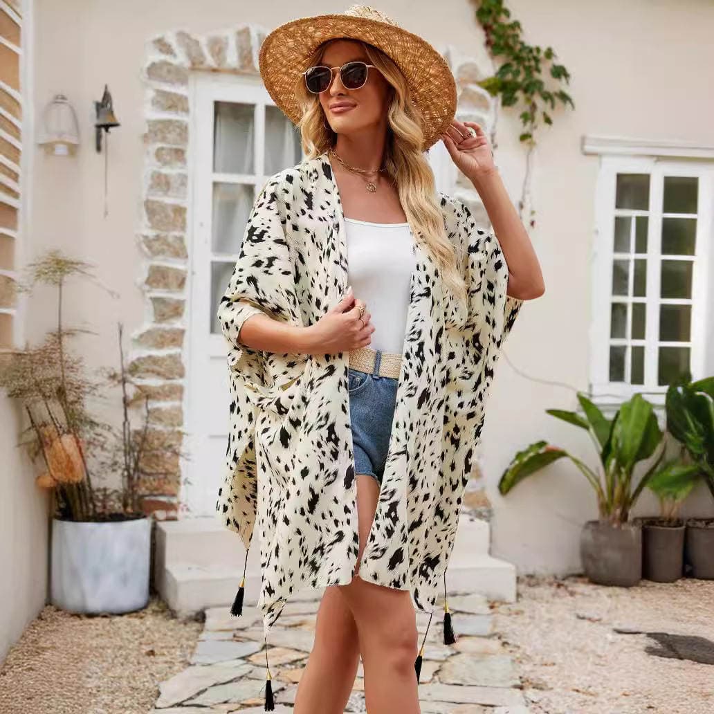 2024 New Cross-border Tassel Cardigan Fashionable Thin Spring and Summer Travel Shawl Sunscreen Beach Cape Shawl 2