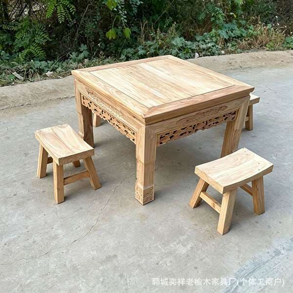 Natural Wood Color Dining Table and Chairs, Solid Wood Eight Immortals Table, Household Square Table, Long Bench, Antique-Style Old Elm Square Eight Immortals Table