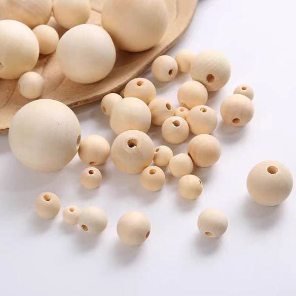 Topdan deşikli taxta yuvarlaq muncuqlar (6-50mm), DIY əl işləri üçün