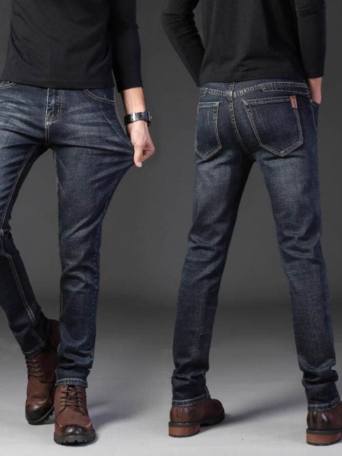 Factory Direct Sale Spring and Autumn Men's Straight Slim Fit Stretch Casual Jeans, Winter Fleece-Lined Thickened Warm Men's Pants 1