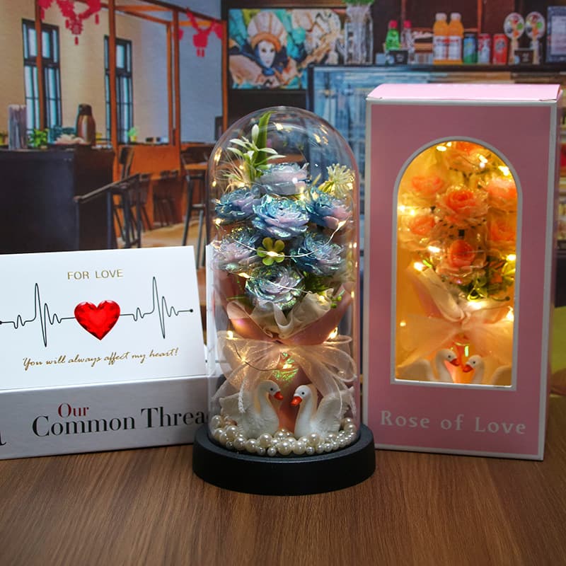 [lighting night light-blue gradient rose bouquet]