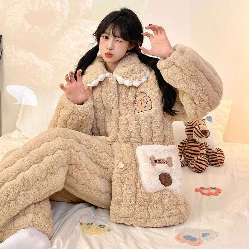 Qadınlar üçün Üçqat Qalınlaşdırılmış Mərcan Məxmər Pijama Dəsti, İsti, Cizgi Filmi, Ev/Çöl üçün 3