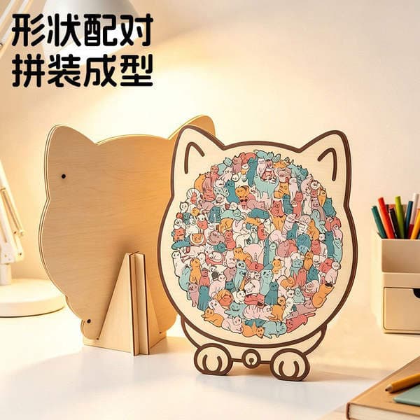 Stress-Relief Cat Puzzle Wooden Jigsaw Birthday Gift for Women Macaron Fun Cat Collection Ornament Stress-Relief Toy 135 Pieces
