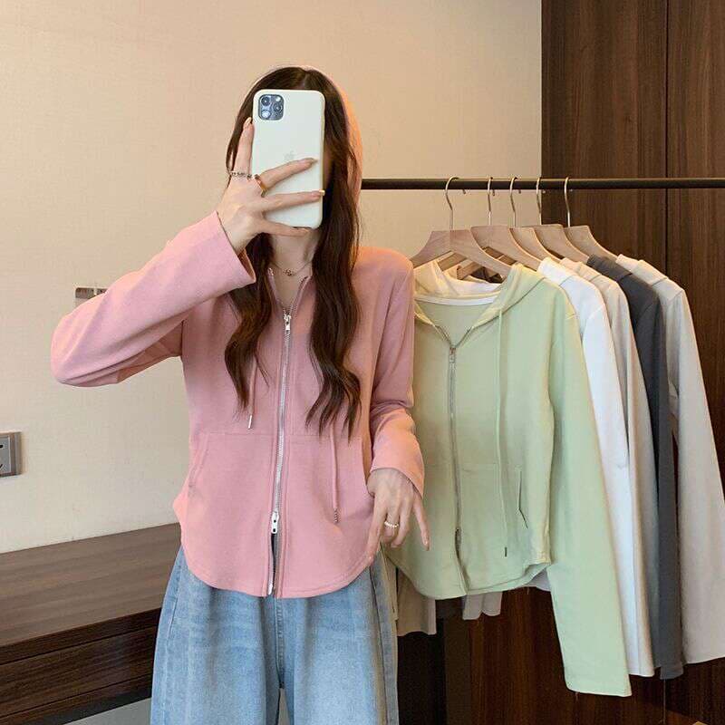 Design solid color zipper hooded sweater for women 2023 autumn and winter new casual cardigan long sleeve plus size coat top 3