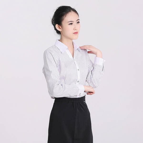 Workwear Shirt Women's Short-sleeved Slim-fit Black and White Vertical Stripe Business Wear Formal Long-sleeved Shirt Overalls Top