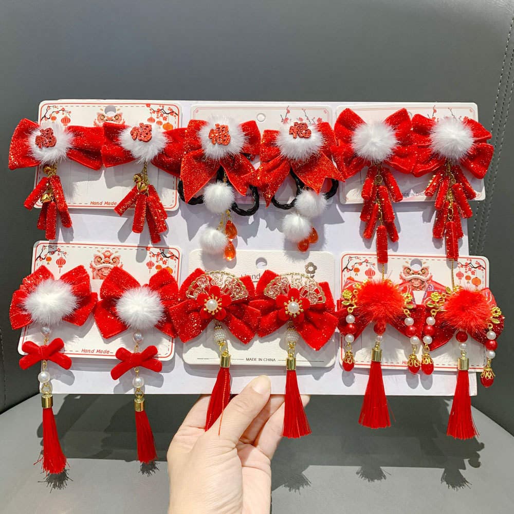 Children's New Year Chinese Style Red Bow Hairpin Ancient Style Hanfu Tassel Hairpin Headdress Girls' Hair Clip Hair Accessory 2