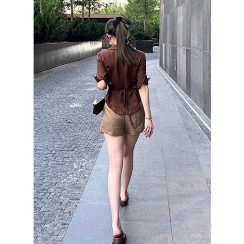 Morning Collar [Original Quality] Women's Shirt with Regular Shoulder, Waist-Cinching, Mid-Sleeve, Hot Girl Style, Back Tie, Waist-Cinching, Polo Collar 2
