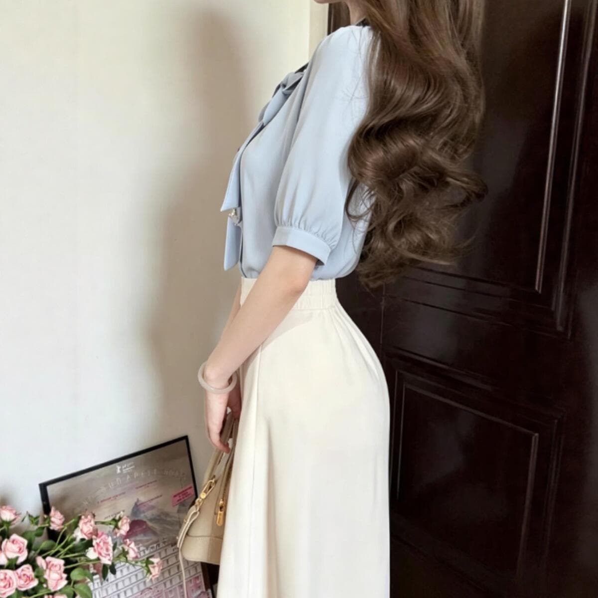 Blue Chiffon Short-Sleeved Shirt for Women, Summer Civil Servant Clothing, Professional Work Attire, Teacher Outfit, Interview Top 4
