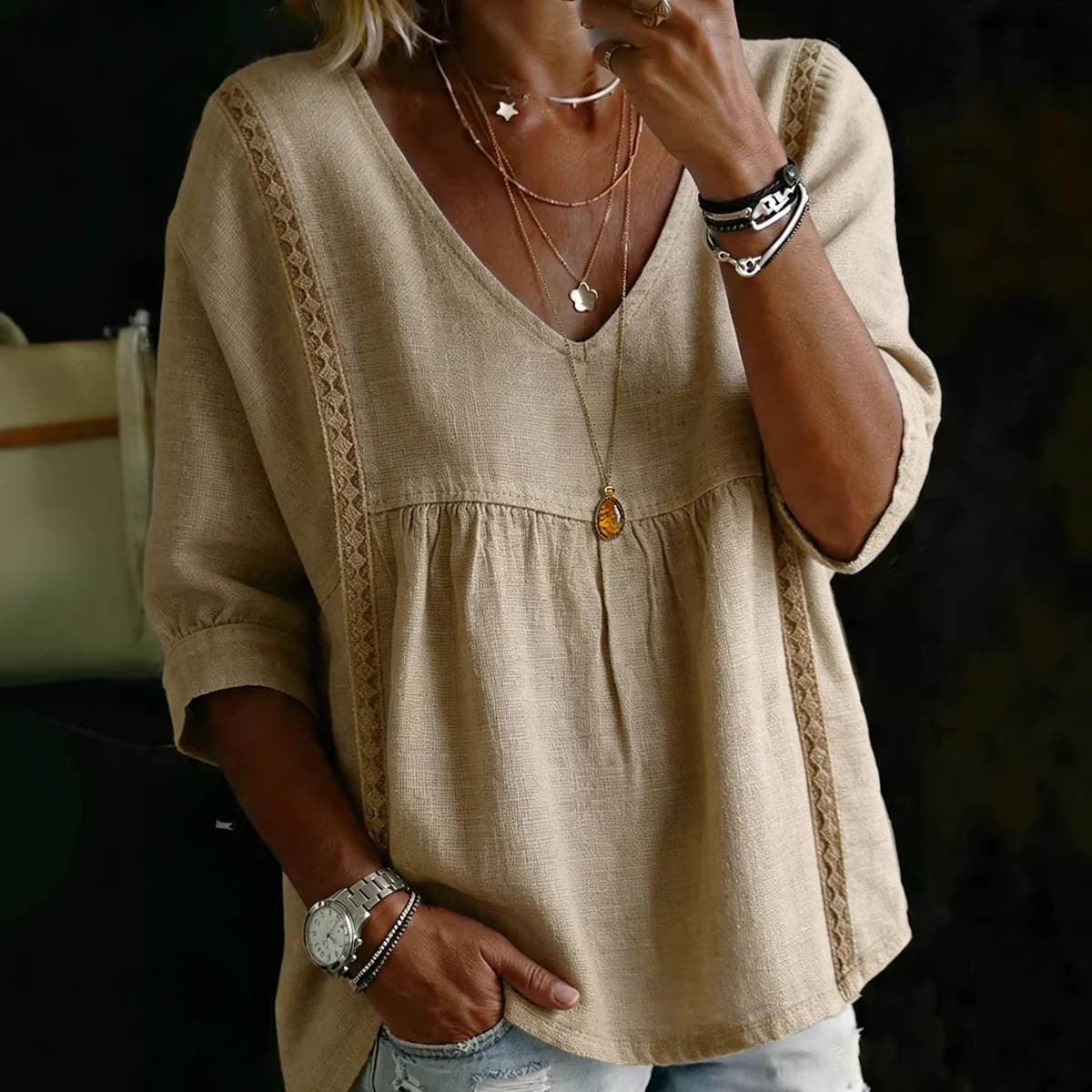 2026 New Foreign Trade Cross-Border Women's Lace V-Neck Pullover Solid Color Casual Three-Quarter Sleeve Blouse Shirt 2