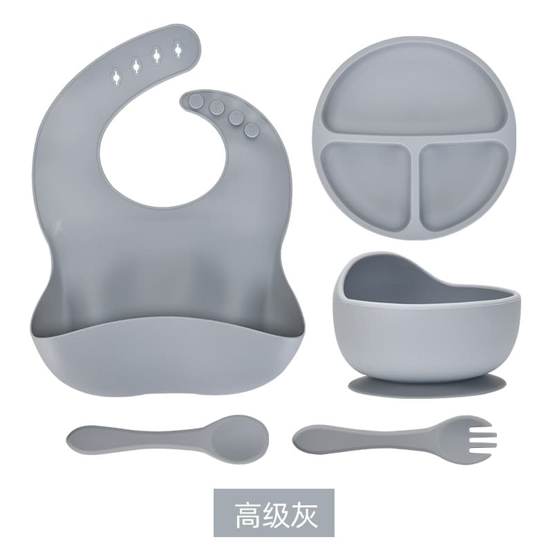 High-grade gray [5-piece tableware set with silicone fork and spoon]