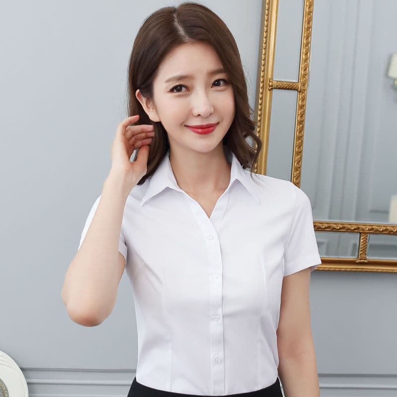 [short sleeves] white twill v-neck