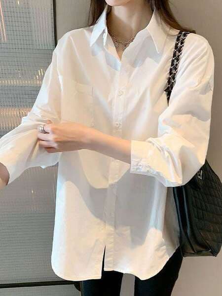 Polo Collar Long-sleeved White Shirt Women's Autumn New Korean Style Loose All-match Casual Elegant Cardigan Top for Outer Wear