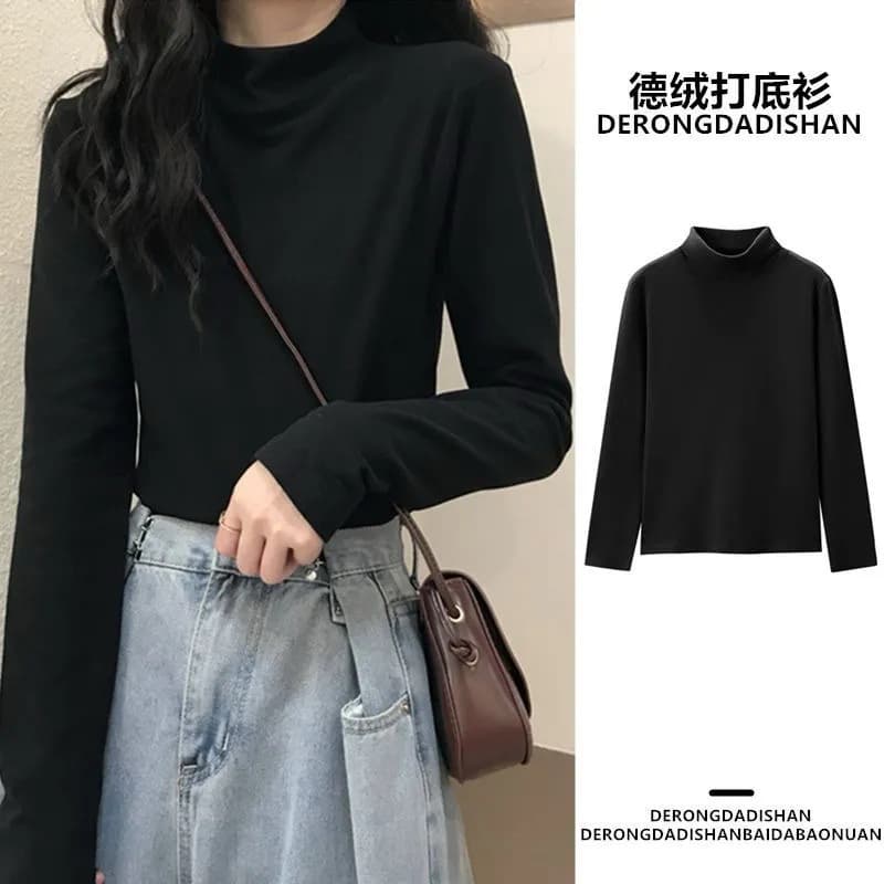 Derong half-fold collar bottom shirt for women with long sleeves and black size l (recommended 105-120) 87545702
