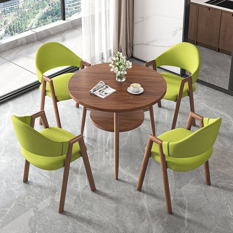 Round table + 4 green cloth chairs - walnut legs
