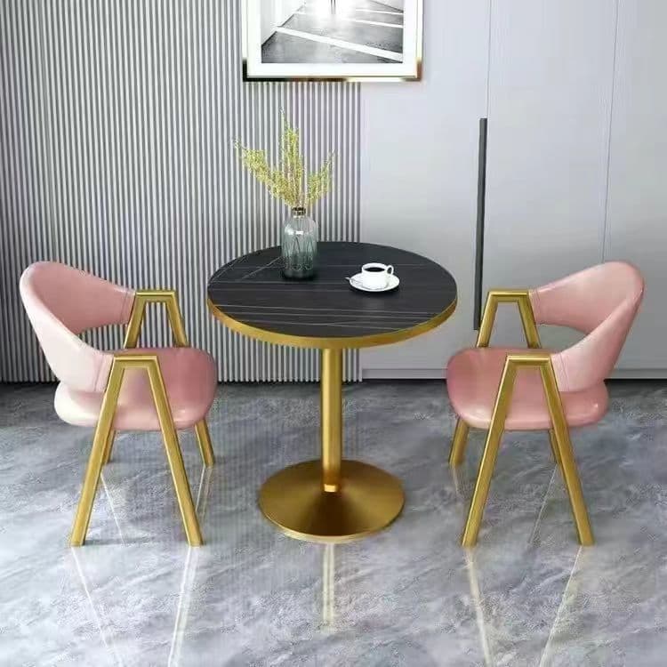 Imitation black marble + pink leather chair