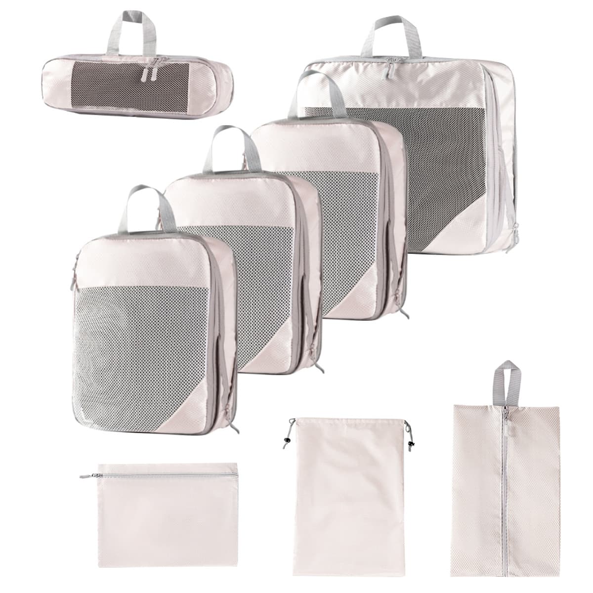 Eight-piece set with mesh beige + drawstring pockets + flat pockets + shoe bag