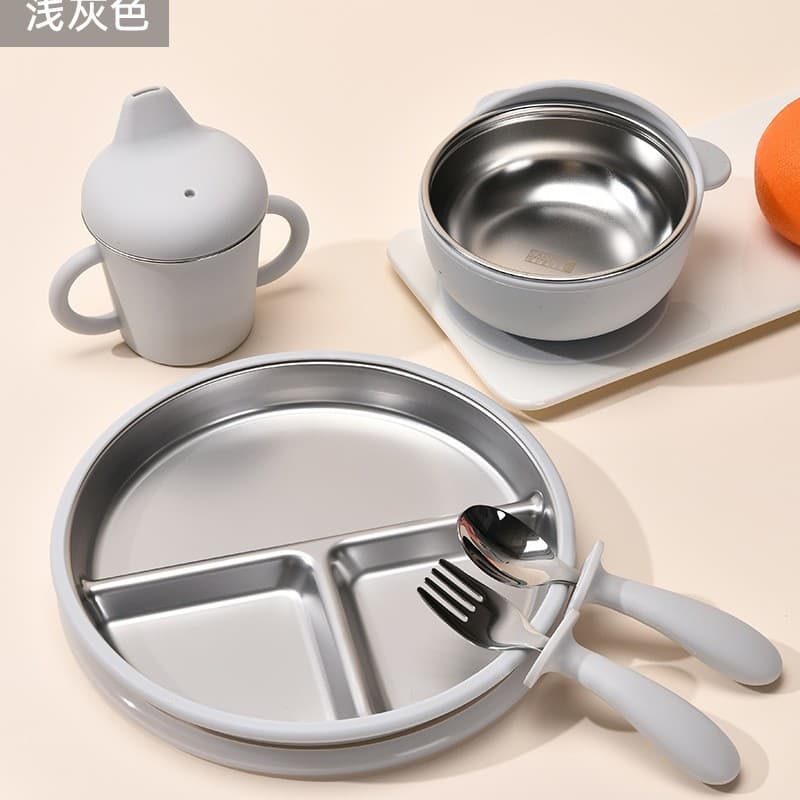 Light gray [bear bowl + cup + 20cm plate + fork + lid]