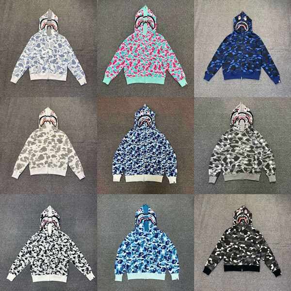 Japanese Bape Trendy Brand Heavyweight Camouflage Double-Hooded Shark Zipper Sweatshirt Couple's Unisex Spring and Autumn Jacket New Fashion
