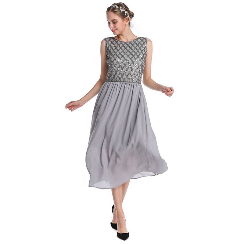 Factory Custom-Made Dress Elegant Gray Chiffon Ribbed Sequin Beaded Embroidered Sleeveless Dress Dress Can Be Worn Daily 5