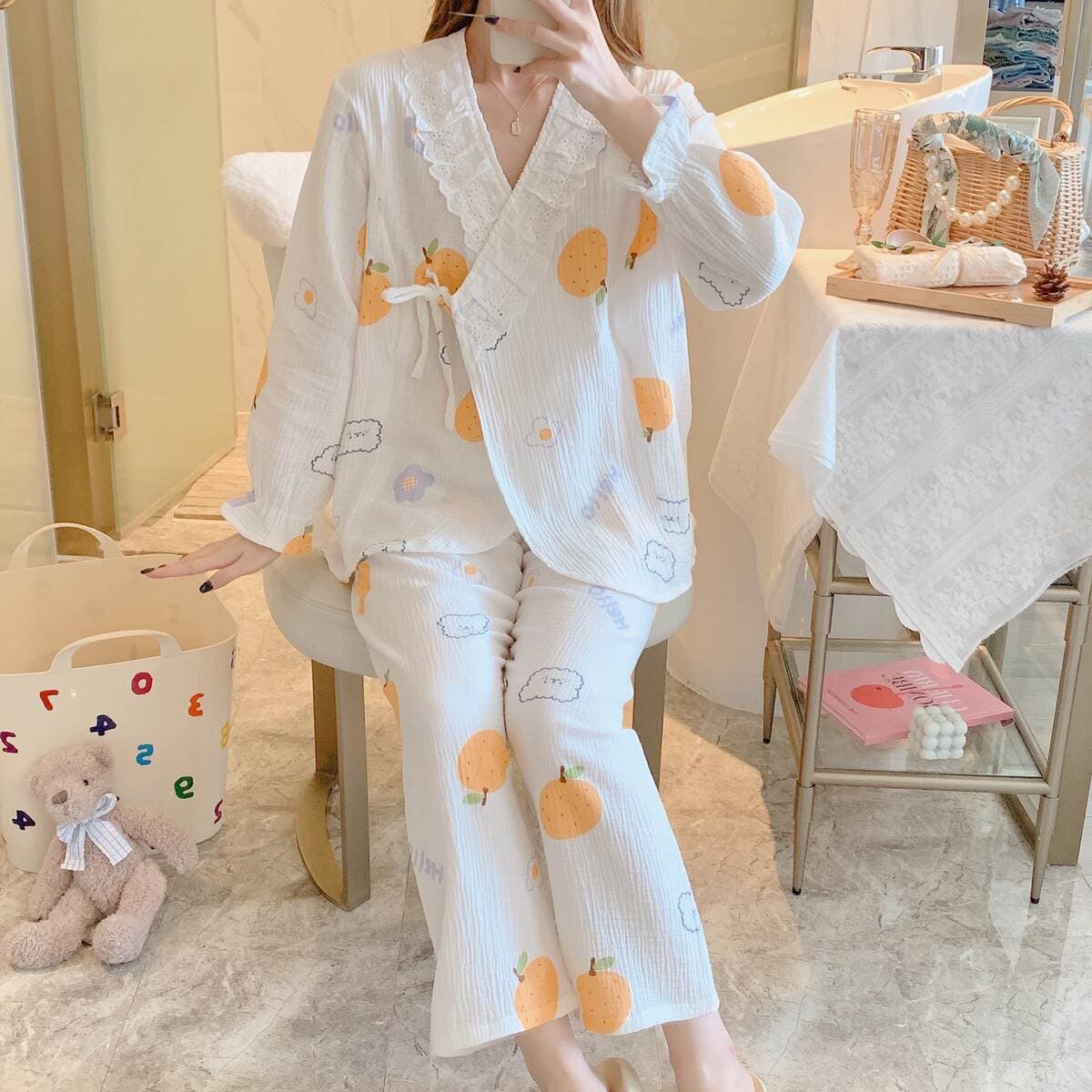 Yaz-payız üçün krepdən hazırlanmış uzunqol hamilə və əmizdirən qadınlar üçün pijama dəsti 1