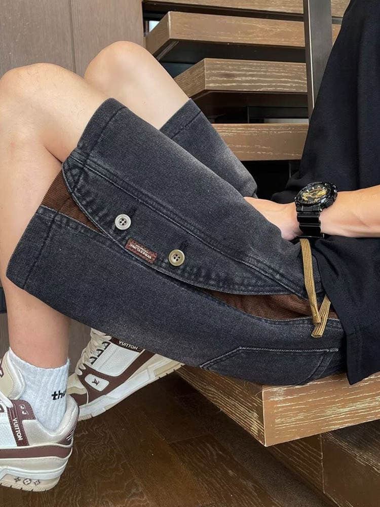 American-Style Heavy Vintage Denim Shorts for Men, Summer Loose Trendy Brand Patchwork Five-Point Shorts, Men's Cool Casual Mid-Length Pants 3
