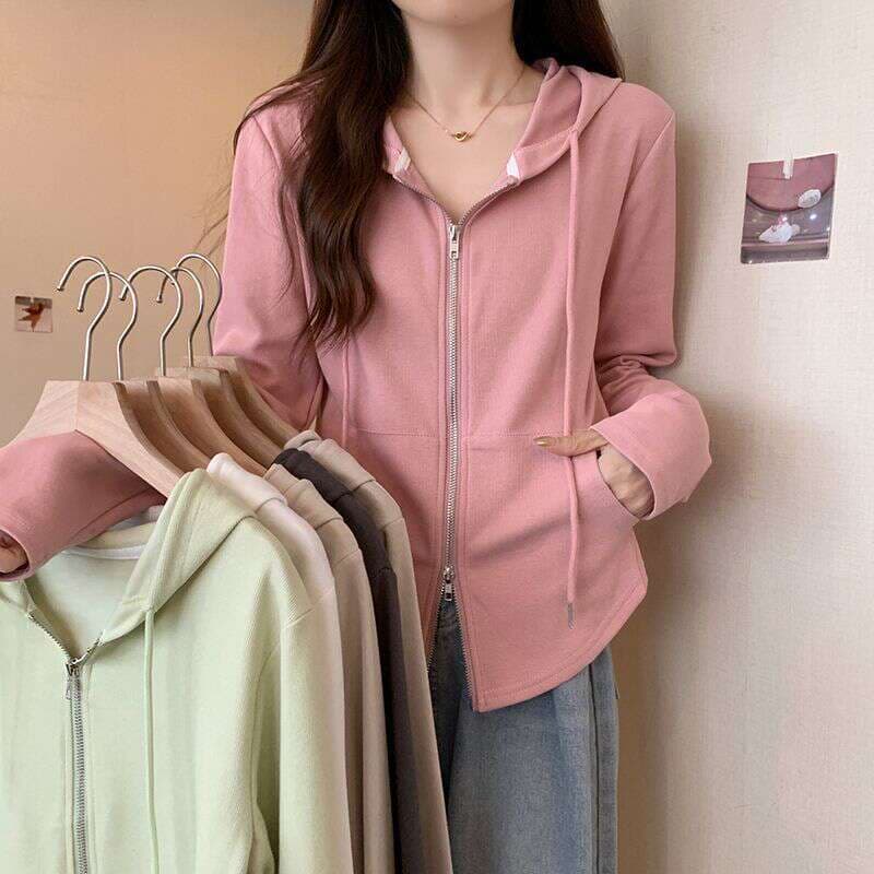 Design solid color zipper hooded sweater for women 2023 autumn and winter new casual cardigan long sleeve plus size coat top 1