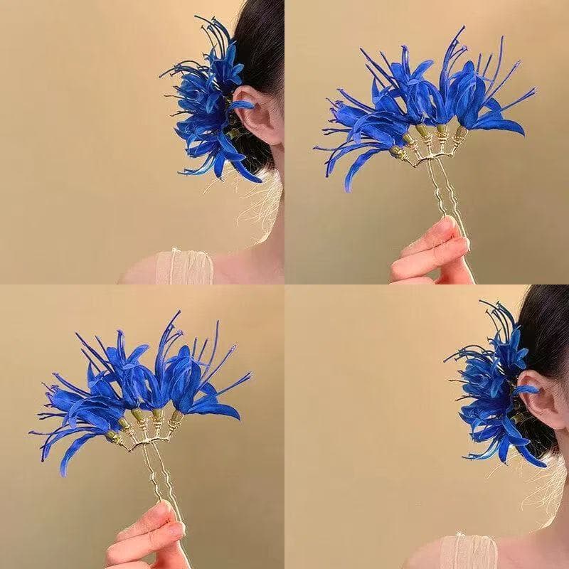 7372 five-headed u-shaped hairpin with flowers on the other side - dark blue