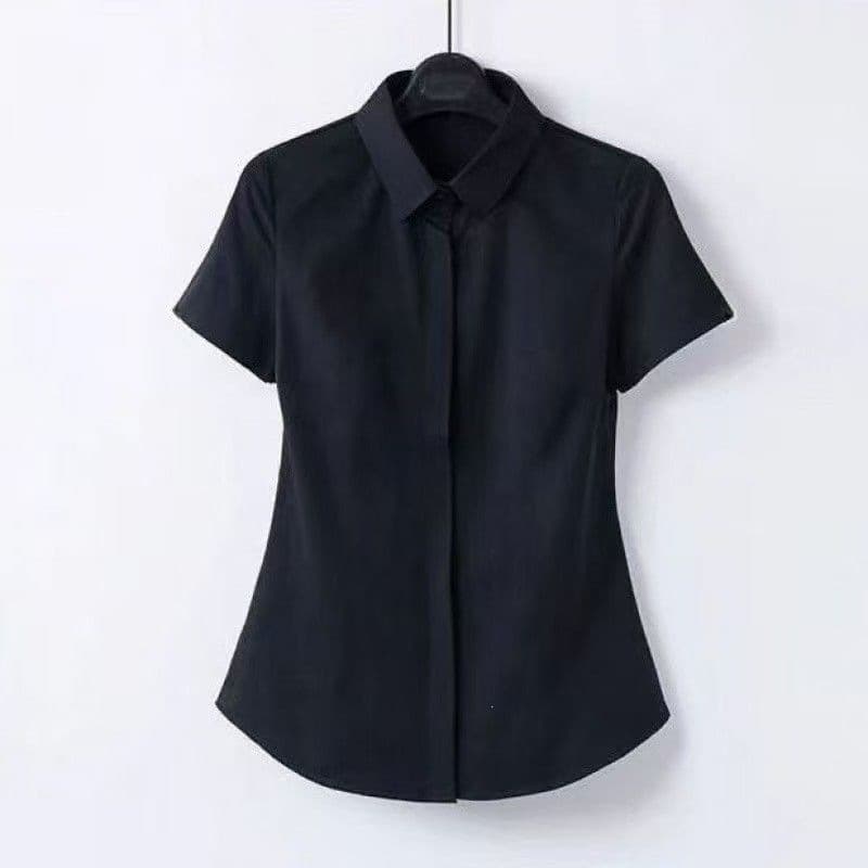 Black square collar short sleeves with hidden buttons