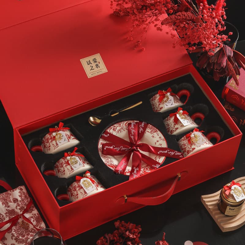 Festive rose coffee cup and saucer [6 cups, 6 saucers, 6 spoons in exquisite gift box]