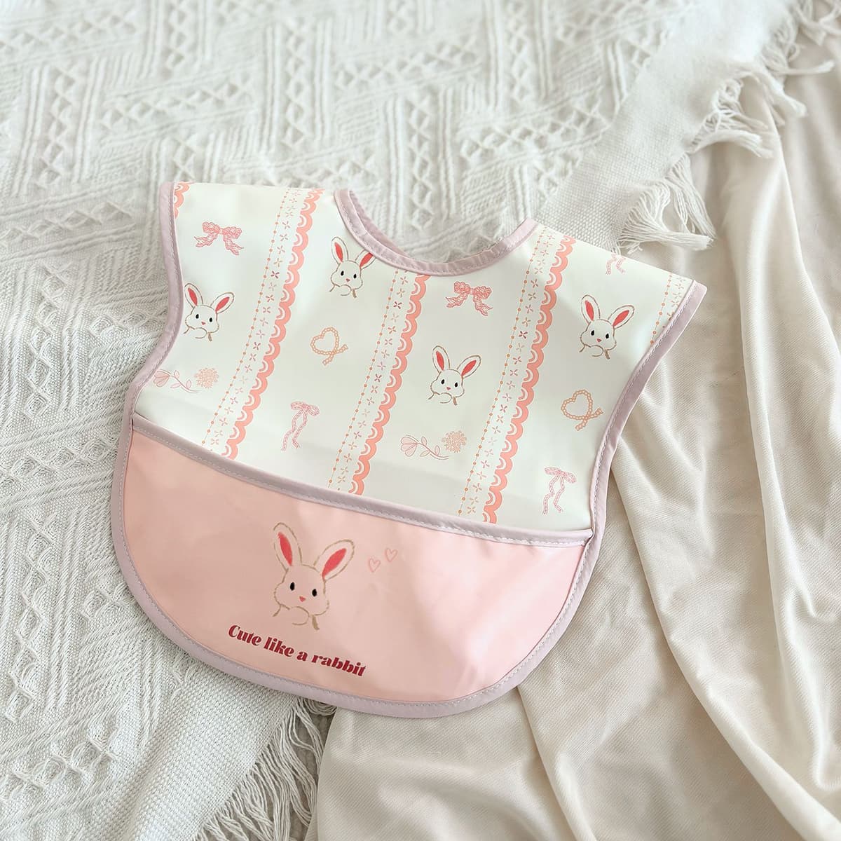 Pu three-dimensional bib pink cute rabbit