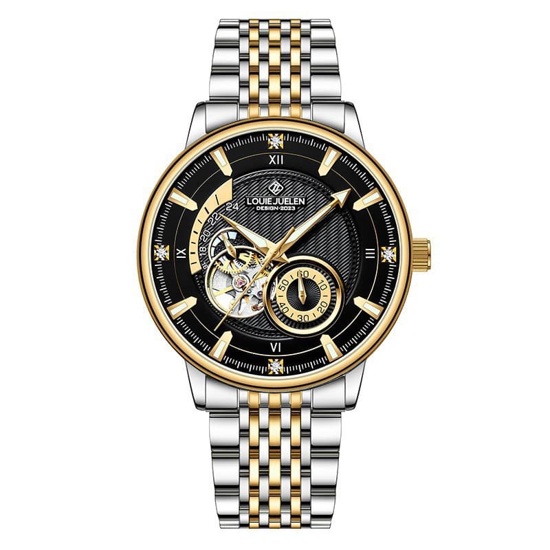 L-9168 aviator series two-tone case black dial gold stud steel bracelet