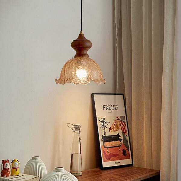 Medieval Style Living Room and Dining Room Lamp, Retro Walnut Wood, High-End Glass, Creative Homestay Bedroom Bedside Small Pendant Lamp