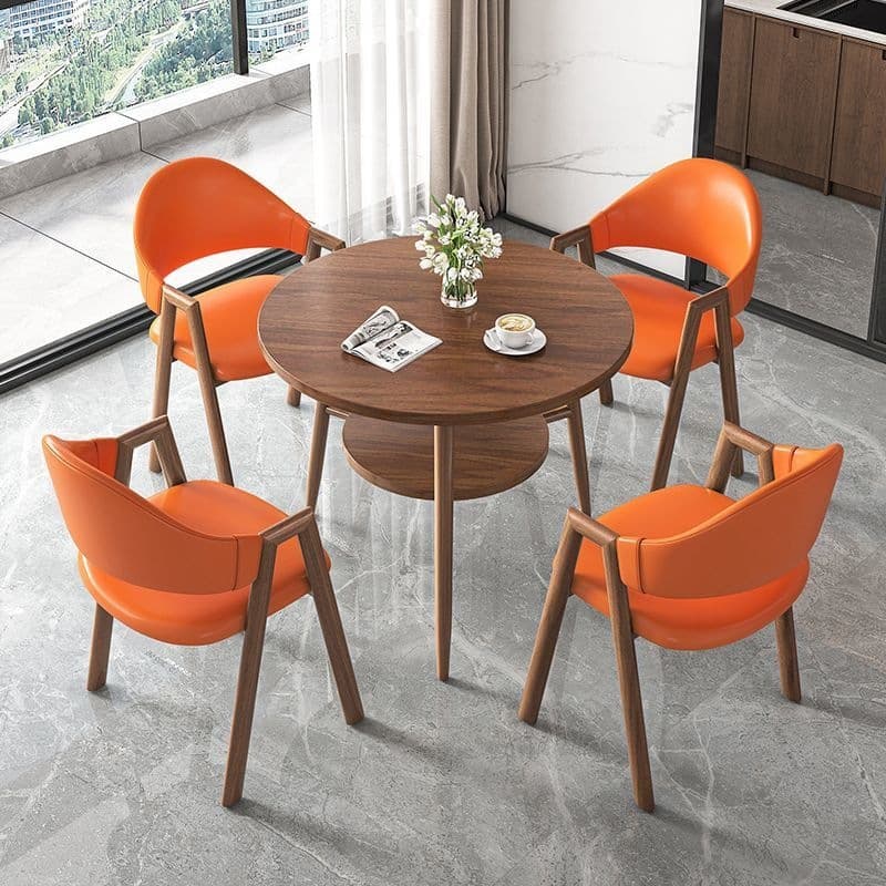 Round table + 4 orange leather chairs - walnut legs