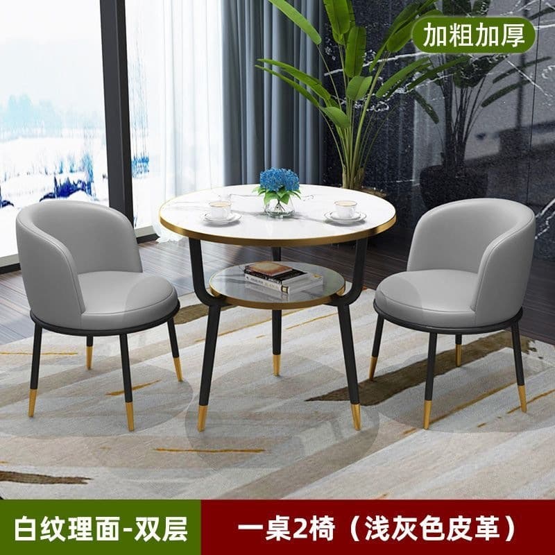 [one table and two chairs] warm white double-layer table 60cm + 2 light gray leather chairs