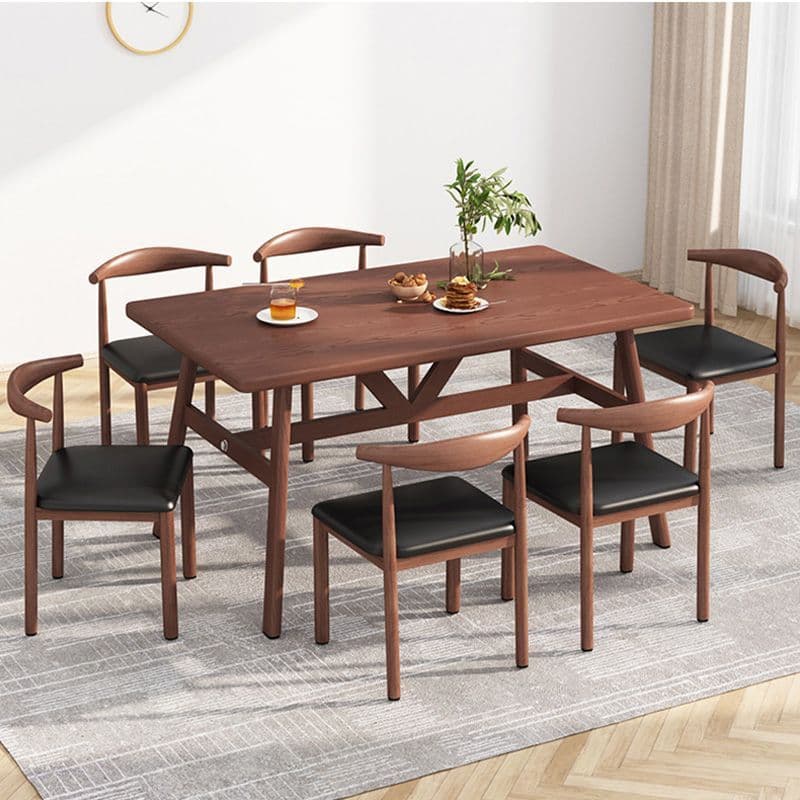 Walnut color 140*80 table and six chairs [black leather]