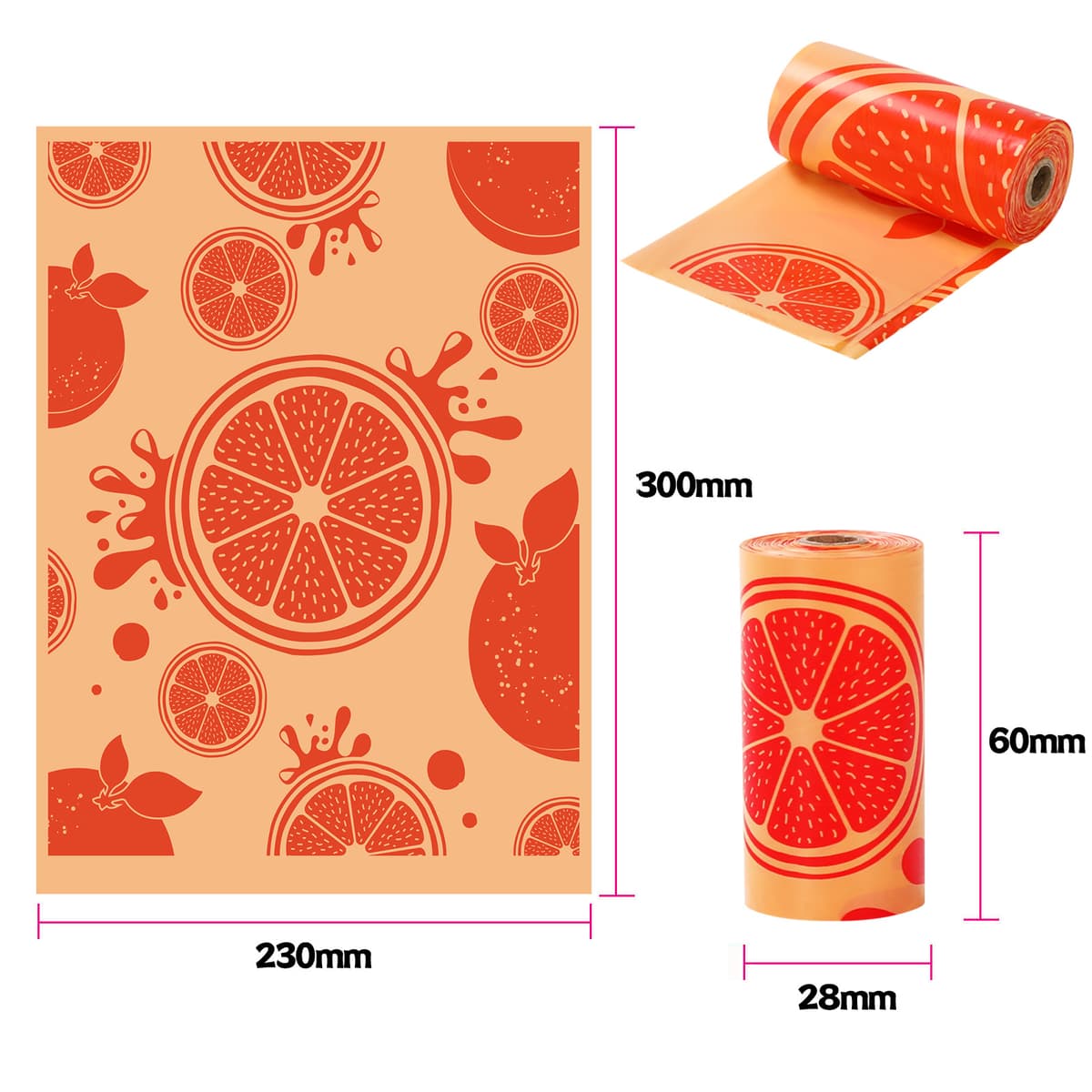 Eco-friendly orange printed trash bags, 1.4 mil thickness, orange scented, 15 bags/roll