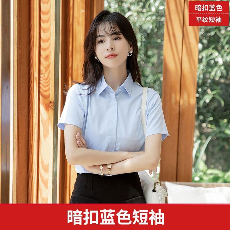 [square collar concealed button blue] short sleeves