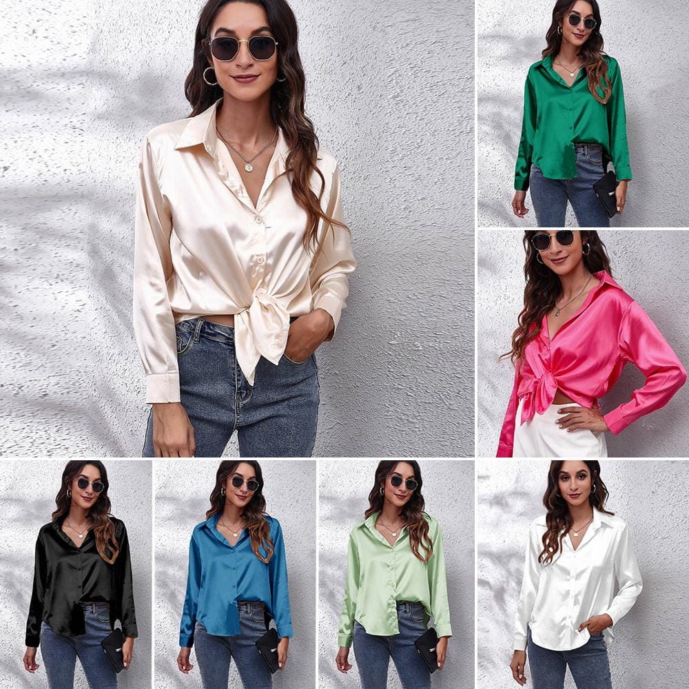 Popular Real Shot Satin Shirt Women's Satin Imitation Silk Long-Sleeved Shirt New European and American Export Cross-Border Women's Clothing 1