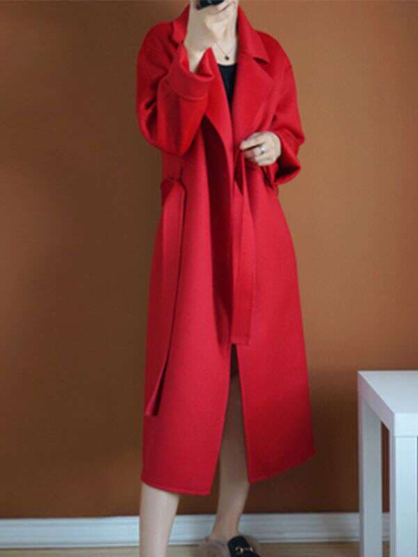 Double-sided over-the-knee cashmere overcoat women's autumn and winter water ripple mid-length tight waist profile 100% wool woolen overcoat 4