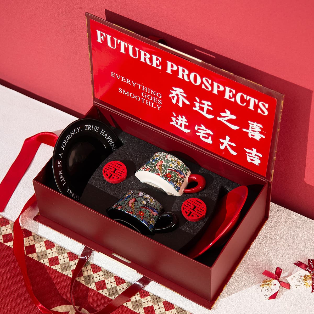 Matching cups - red handle + black handle morris floral cup and saucer set [housewarming gift box - good luck entering the home]