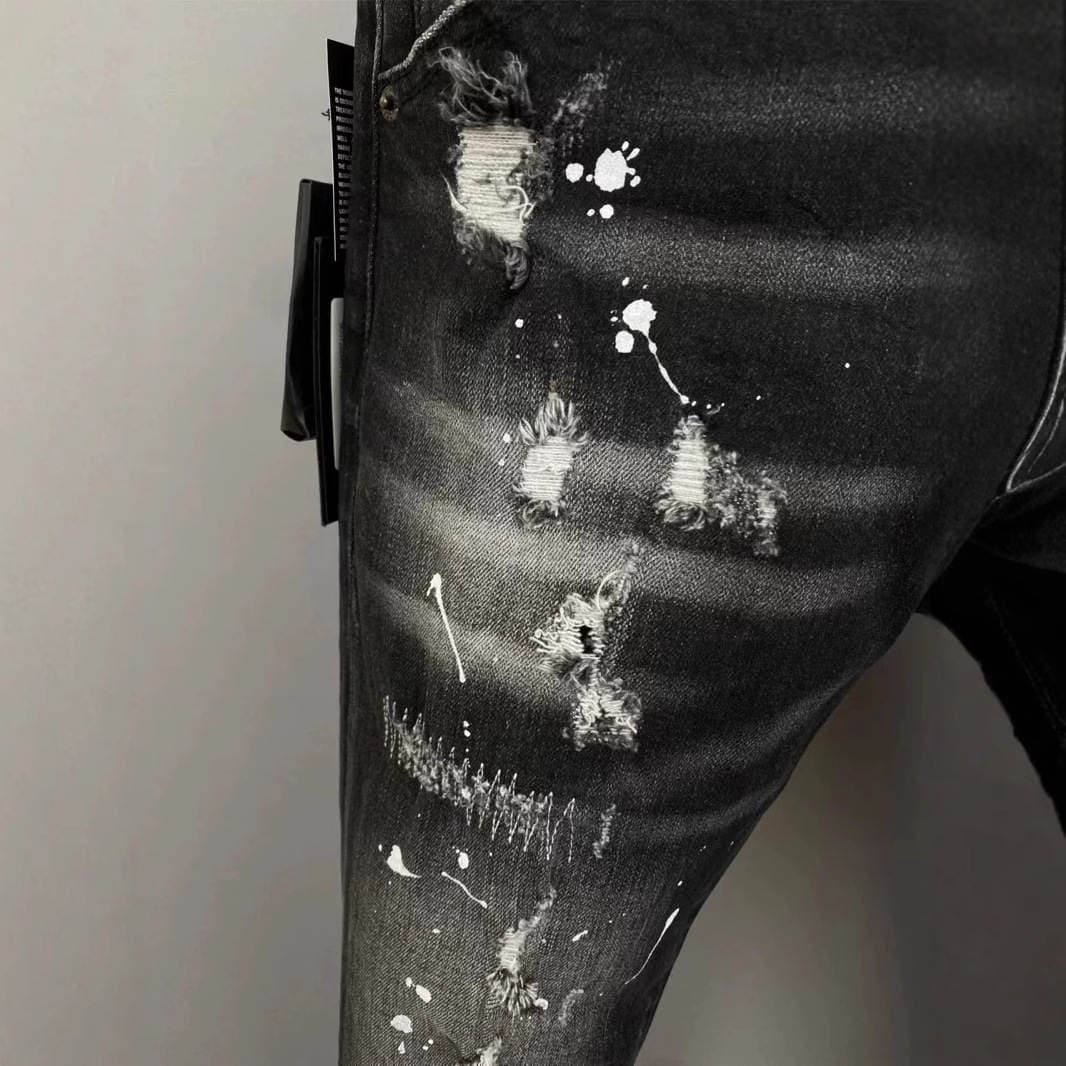 2026 Summer New Style D2 Trendy Men's Washed Distressed Patchwork Paint Slim-Fit Skinny Black Jeans for Men 2