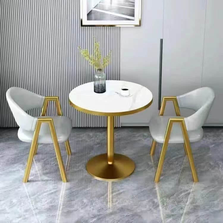 Imitation white marble table top + light gray leather chair