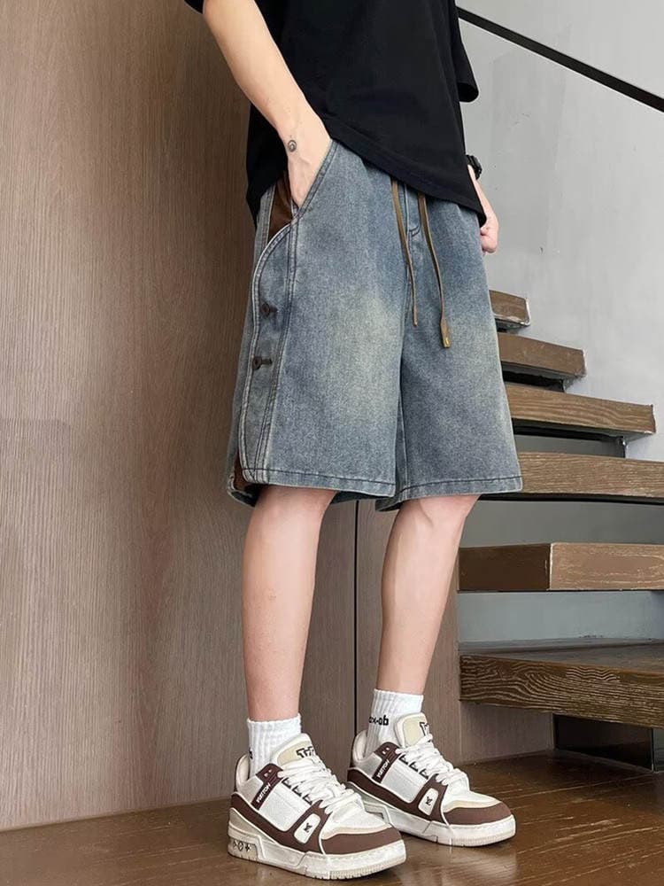 American-Style Heavy Vintage Denim Shorts for Men, Summer Loose Trendy Brand Patchwork Five-Point Shorts, Men's Cool Casual Mid-Length Pants 5