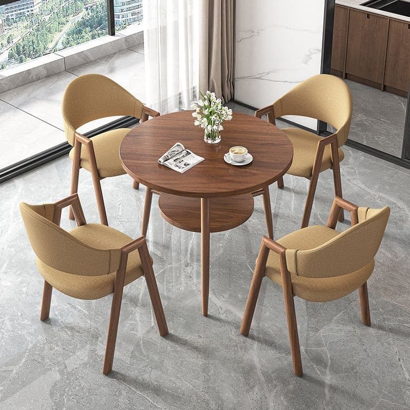 Round table + 4 khaki chairs - walnut legs